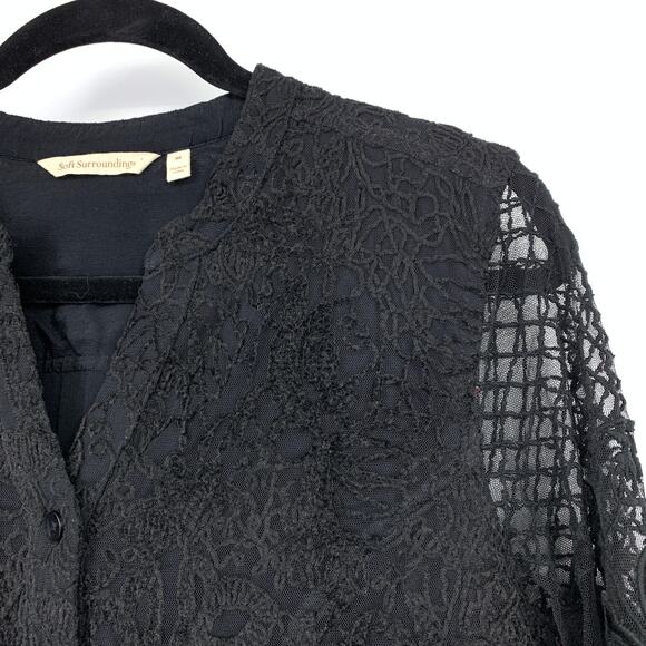 Soft Surroundings Button Front Lace Blouse Womens Sz M Sheer Long Sleeves Black - Picture 3 of 6